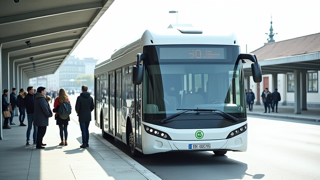 Mūsdienīgs elektriskais autobuss pilsētas ielas vidū, sarkana un balta krāsa, sabiedriskais transports