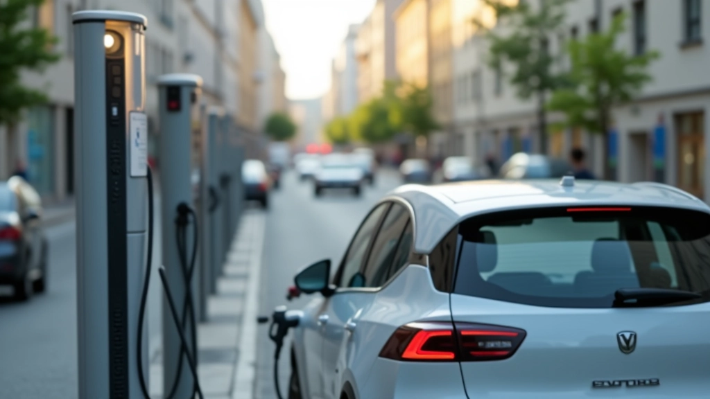 Rīgas ielās — elektroautomobilis pie uzlādes stacijas, modernā pilsētas vide ar zaļajiem elementiem