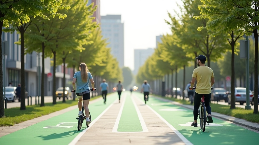 Futuristička pilsēta ar daudzveidīgiem transporta veidiem, ieskaitant e-skūterus, e-velosipēdus un publisko transportu harmonijā