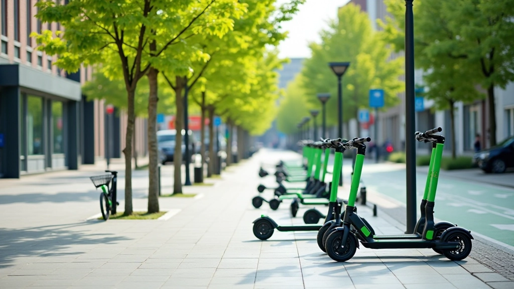 Pilsētas iela ar elektriskiem skūteriem un velosipēdiem, zaļiem kokiem un modernu infrastruktūru