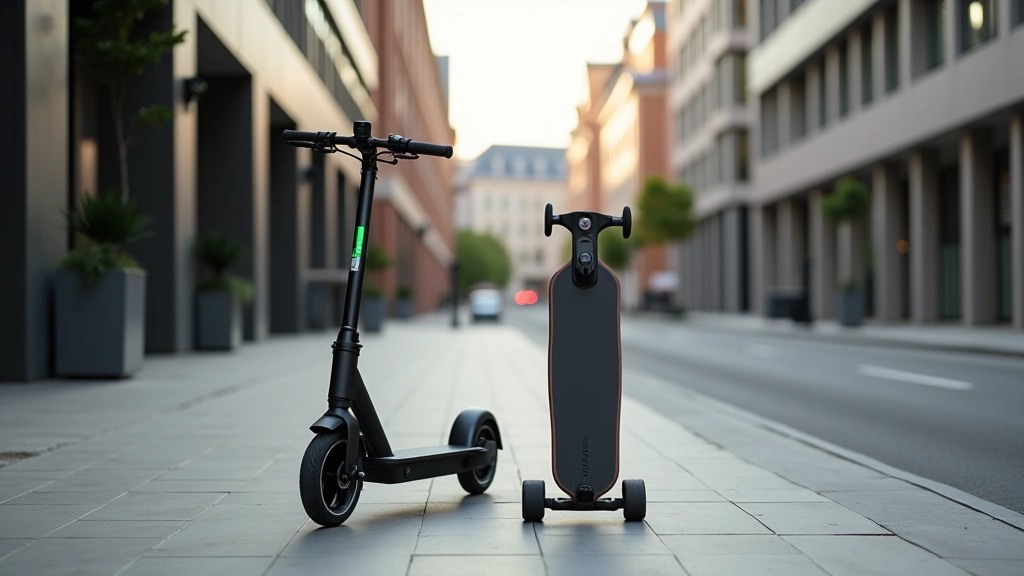 Moderni e-skūteri un elektroniskie skejtbords parkos, pilsētas vide, ielā