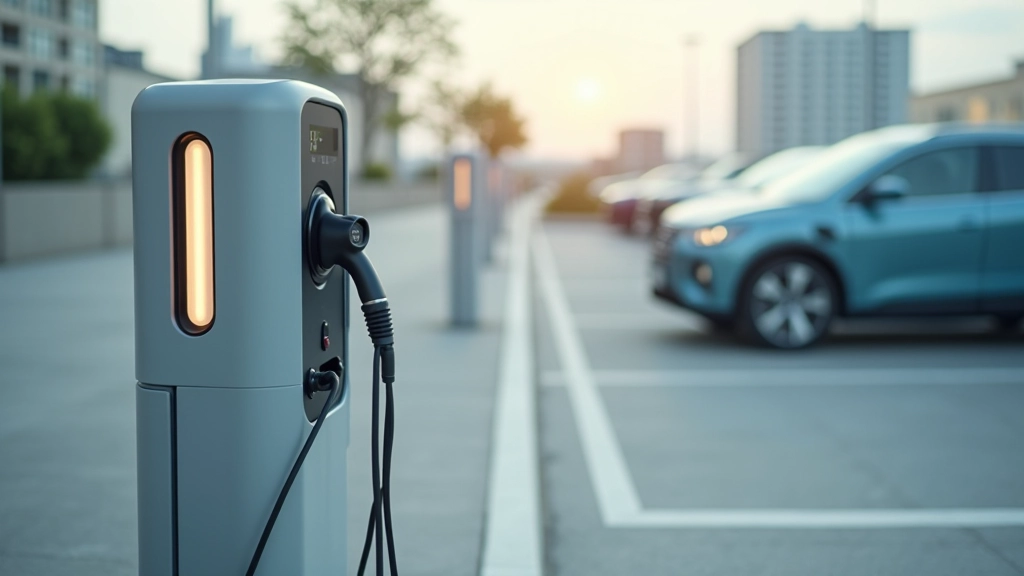 Elektriskas uzlādes stacija ar elektromobili, moderns pilsētas parkings ar videi draudzīgu infrastruktūru