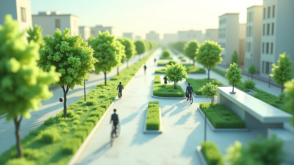 Moderna pilsēta ar zaļajiem elementiem, videi draudzīgs urbānais plānojums, pārvietošanās infrastruktūra