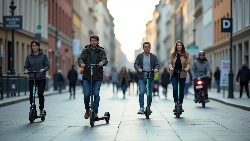 Cilvēki izmanto e-skūterus un velosipēdus pilsētas centrā, parādot ikdienas mobilit ātes pārmaiņas